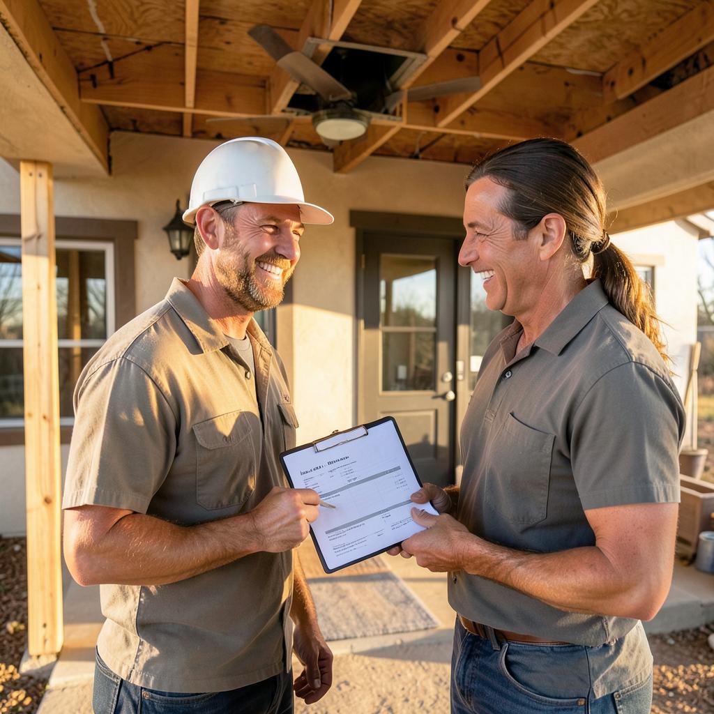 Spray foam contractor reviewing a written estimate with a South Texas homeowner