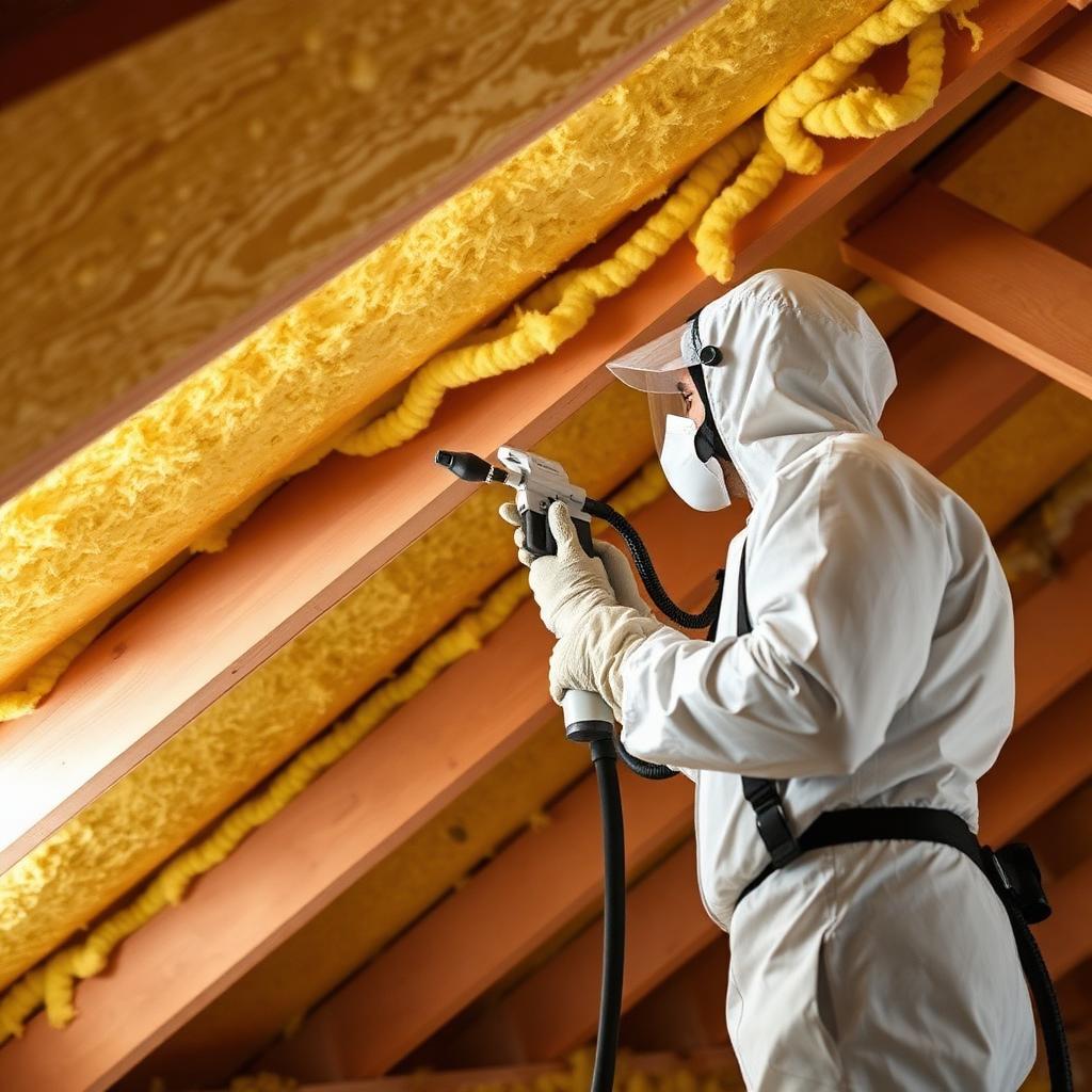 DTF Spray Foam technician in protective gear spraying foam insulation in an attic