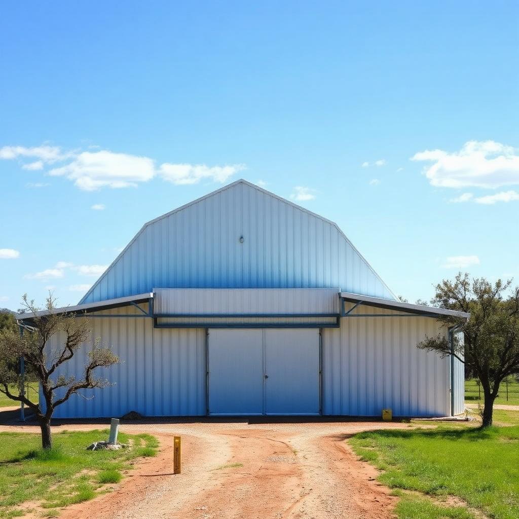 Large white metal barndominium building under a clear South Texas sky