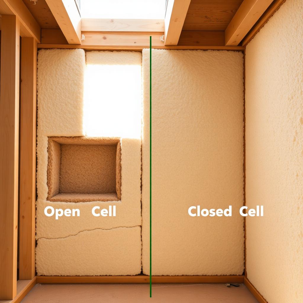 Side-by-side comparison of open cell and closed cell spray foam insulation in a wall cavity