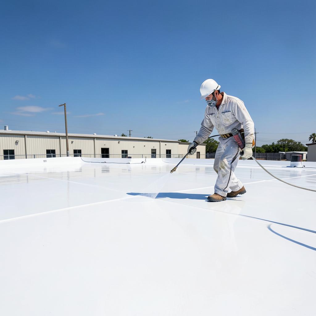 Technician spraying white silicone coating on a flat commercial roof under a blue Texas sky